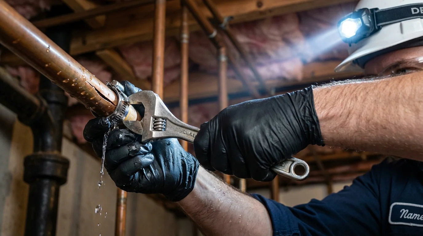 Emergency pipe clamp repair being performed by a Johns Plumbing LLC plumber in Bear