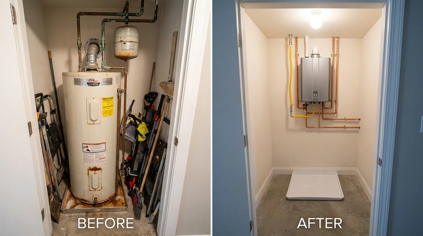 Tank water heater versus wall-mounted tankless unit comparison for Bear, DE homeowners