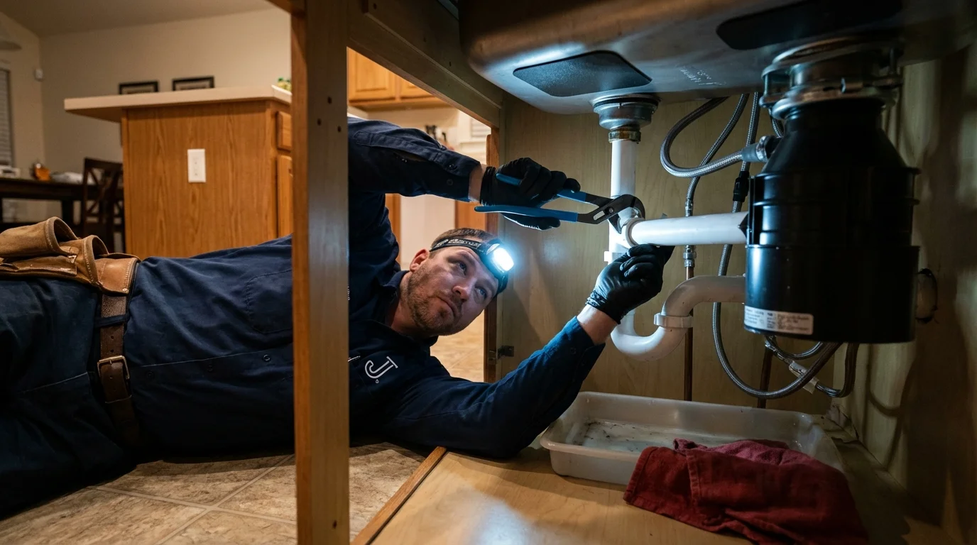 P-trap and supply line connections under a kitchen sink showing a common leak point in Bear, DE
